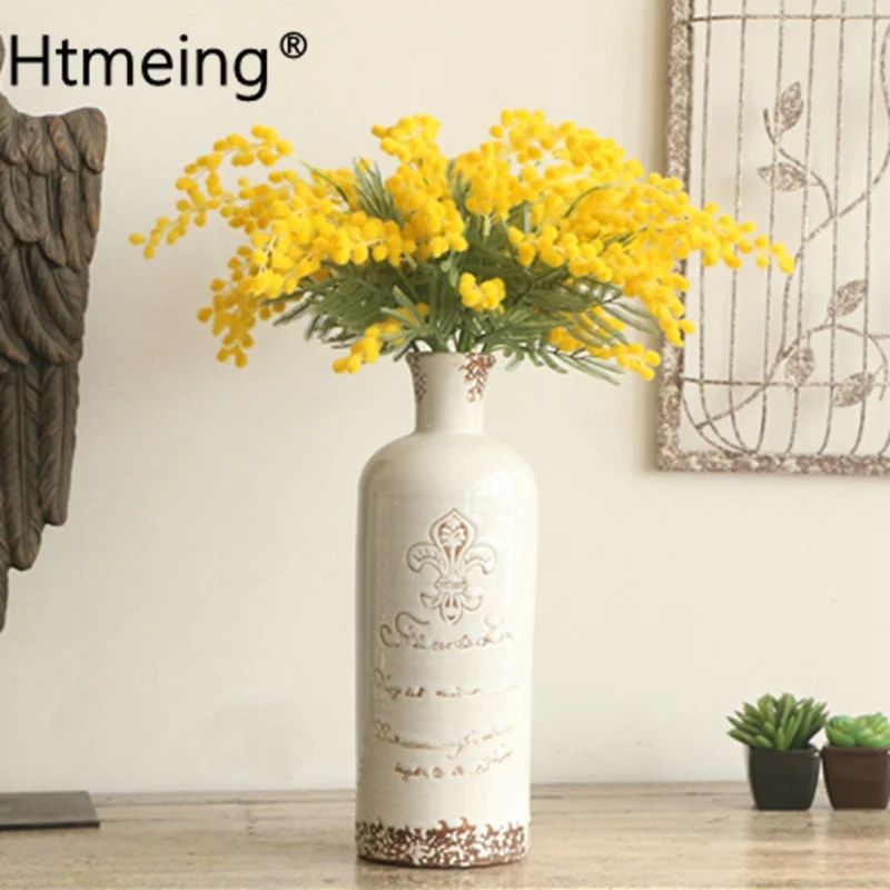 Htmeing 4pcs Mimosa Artificial Silk Flowers Fake Plants Branches Spray Pudica Acacia Bouquet Home Wedding Fall Decoration Yellow