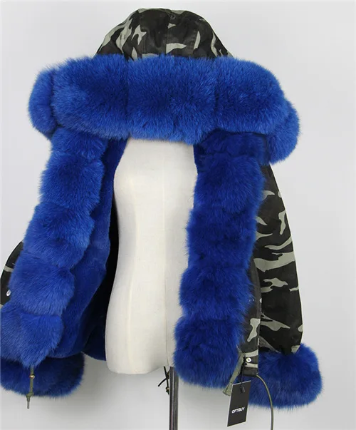 OFTBUY, новинка, короткая камуфляжная зимняя куртка, женская верхняя одежда, толстые парки, натуральный Лисий мех, воротник, пальто с капюшоном, pelliccia - Цвет: Camouflage blue