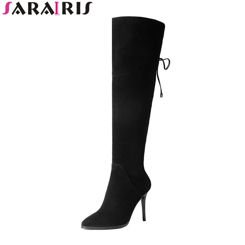 

SARAIRIS Winter Mature Thin High Heels Top Quality Kid Suede Lace Knee High Boots Woman Zip Warm Fur Women Shoes Size 34-39