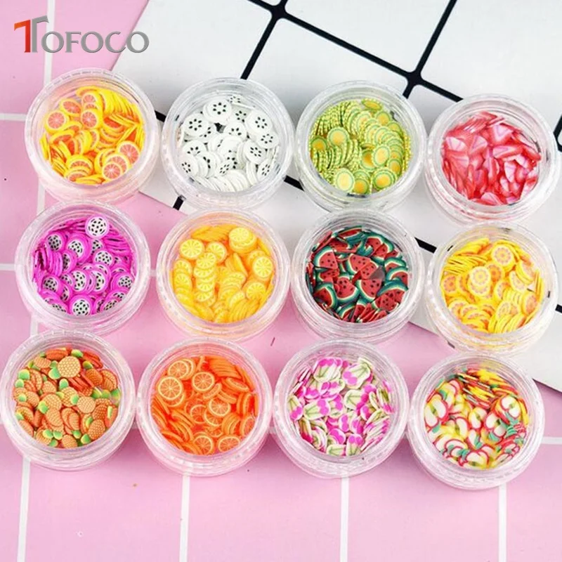 TOFOCO 12 Type/Set Fruit Slices Filler For Nails Art Tips/Balls Slime Fruit For Kids Lizun DIY Accessories Supplies Decoration 