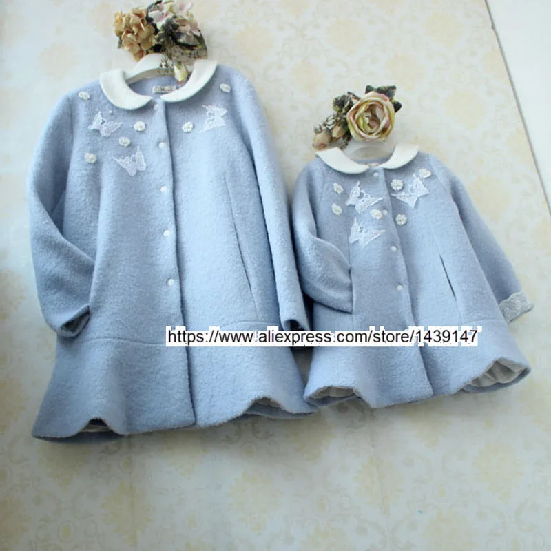 

Winter Kid clothing Family Paternity coat mother and Daughter girls woman Maternity jacket outer Blue wool coat flower butterfly
