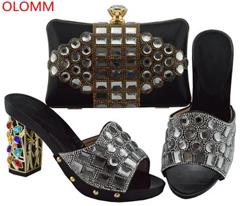 

OLOMM latest Black Italian Ladies Shoes And Bags To Match Set New Summer African Slipper Shoes And Bag Set.Y-33