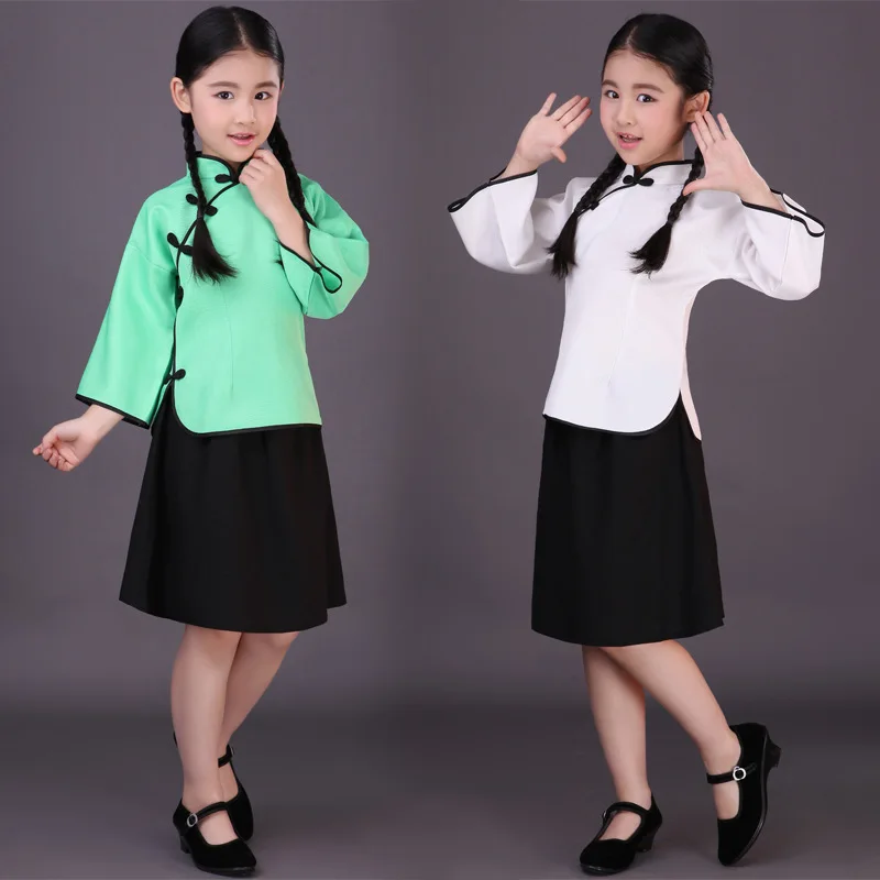 Блузка + юбка детский Традиционный китайский костюм девушка древний школьная Униформа дети Китайский Карнавальная одежда этап 89