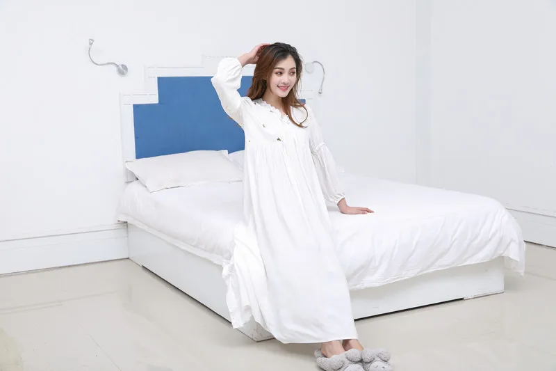 MS, весеннее и осеннее Ночное платье с длинным рукавом, Женская хлопковая белая Пижама, милая длинная Корейская ночная рубашка для принцессы