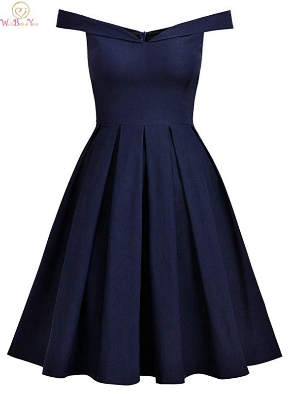 

Navy Blue Cocktail Dresses Simple Pleat Tiered Satin Off Shoulder Knee Length Sweetheart Neck A-line 2019 New Prom Party Dresses