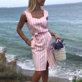 

Fashion Women's Navy Blue Pink Striped Dress Casual Sleeveless Button Shirt Dress Women Summer Beach Party Dress Vestidos