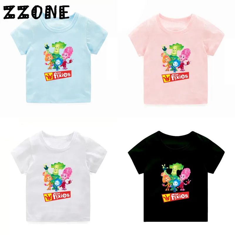 Детская забавная футболка с русским рисунком Фиксики летние топы для маленьких мальчиков и девочек, футболка с короткими рукавами милая детская одежда 5148A