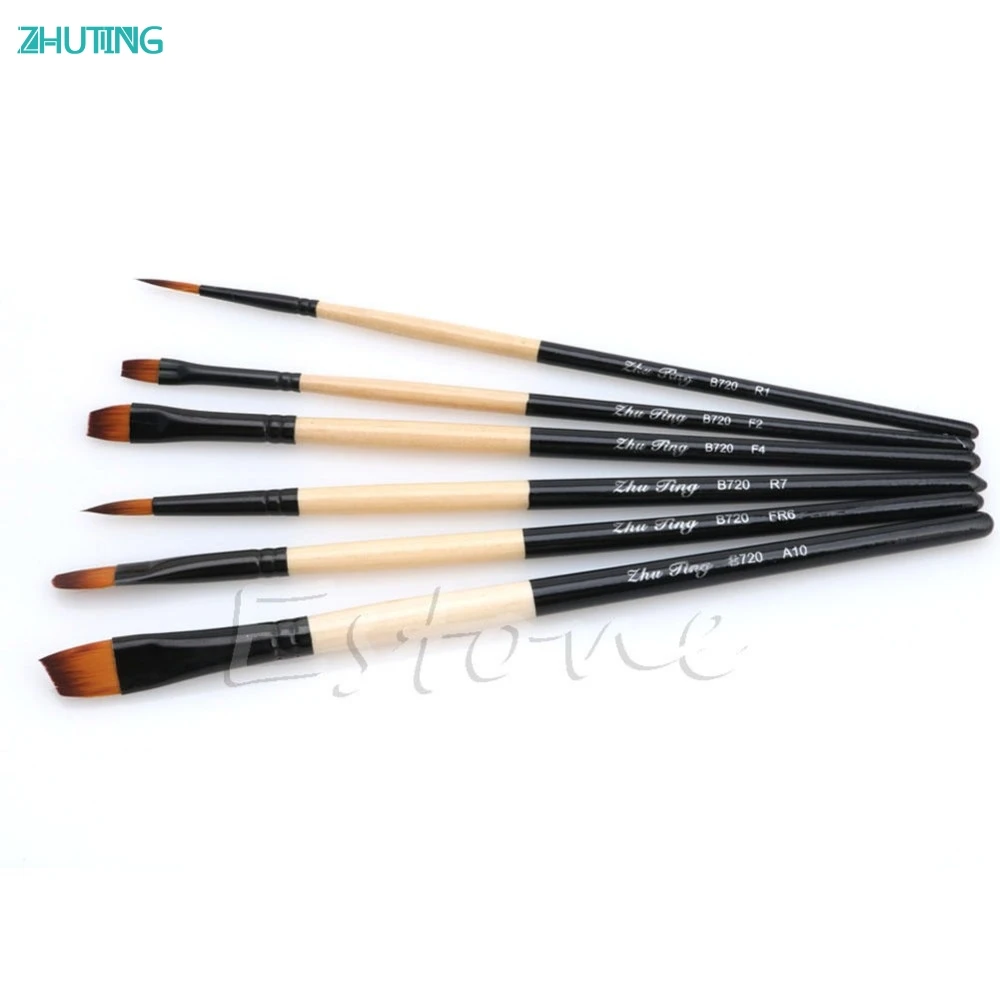 

6 Pcs Nylon Hair Paint Flat Brush Gouache Acrylic Oil Painting Art Craft Set New JAN18