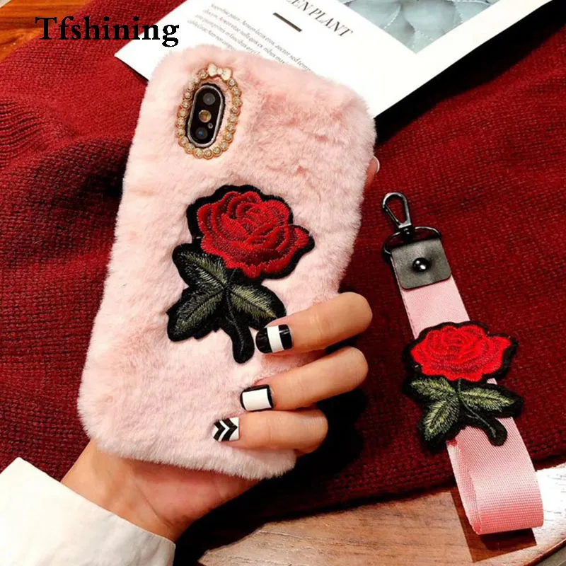 Tfshining Embroidery Rose Floral Fluffy Fur Case For iphone XR X 8 7 6