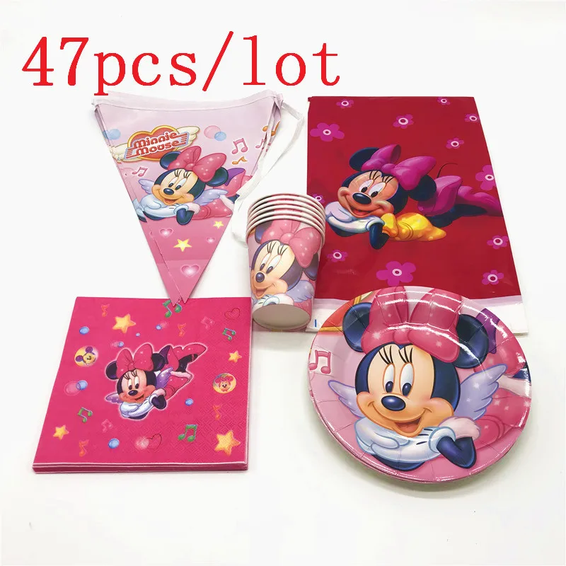 

47Pcs/lot Disney Minnie Mouse Cup+Plate+Napkin+Tablecover Kid Birthday Party Disney Banners Wedding Festival Decoration Supply