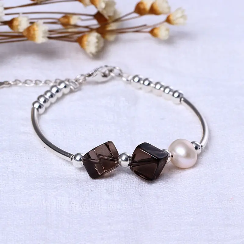 

Pure handmade DIY fashion 925 sterling silver bracelet femininity natural freshwater pearl Smoky Quartz bracelets