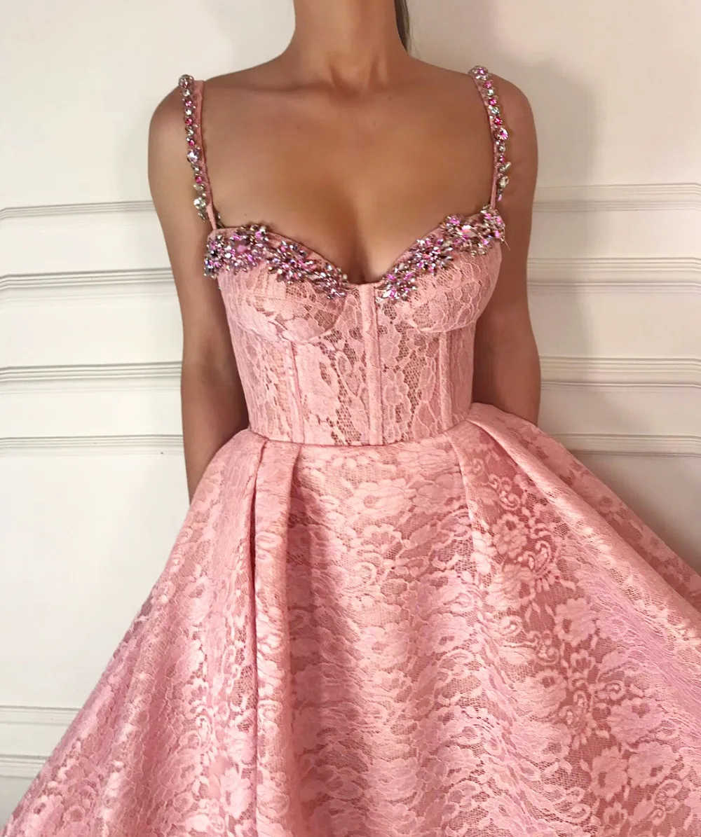 Glnmrous розовые вечерние платья на бретельках в Дубае с бусинами и кристаллами, кружевные платья для выпускного вечера длиной до пола