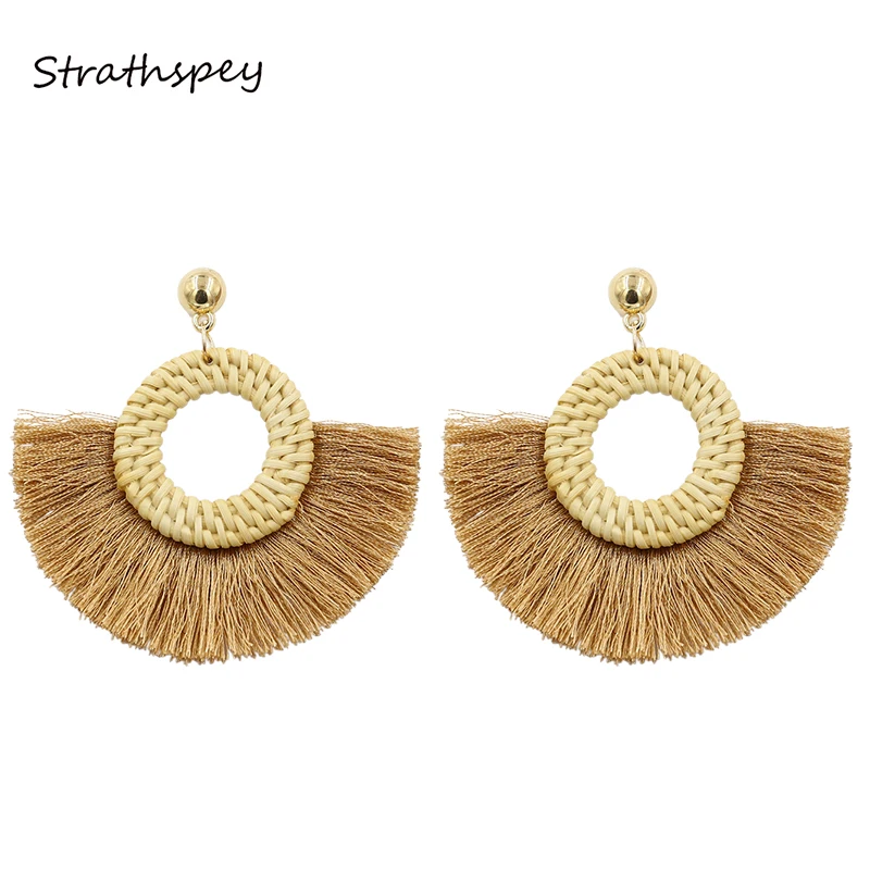 

STRATHSPEY Handmade Circle Fan Shaped Straw Tassel Earrings For Women Woven Rattan Hoop Fringe Drop Earring New design jewelry
