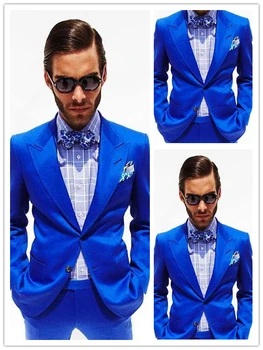 

terno masculino Handsome Blue Groom Tuxedos 2 Pieces Men's Wedding Prom Party Suits Casual Blazer Groomsman Male Costumes