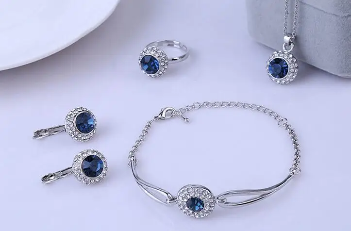 

Hot selling> UA Elegant New Arrival 925 Silver DARK BLUE CZ Zirconia Crystal Pendant necklace bracelet earrings ring four pi -Br