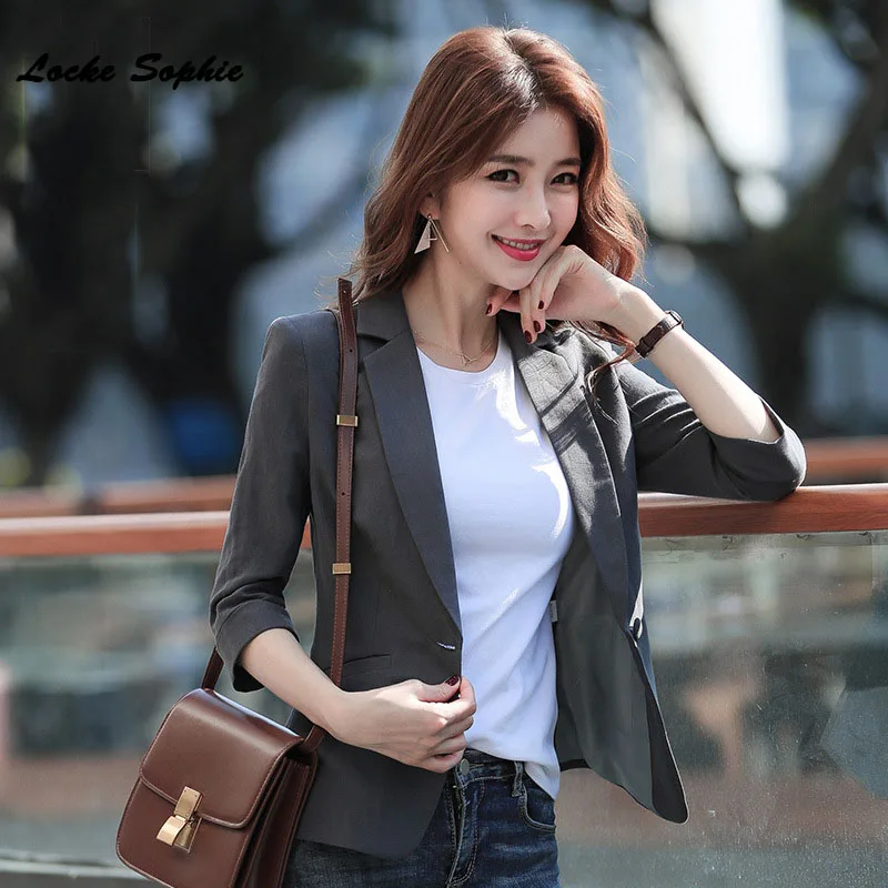 1pcs Women's Plus size Slim fit Blazers coats 2019 Summer cotton Middle sleeve Small Suits jackets ladies Skinny Blazers Suits