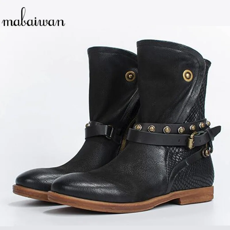 Nieve Remaches Negro Mujeres Cuero Auténtico gris Militar Hebilla Botines marrón 2017 Mabaiwa Botas Zapatos Pisos Moda wxSz8xUq