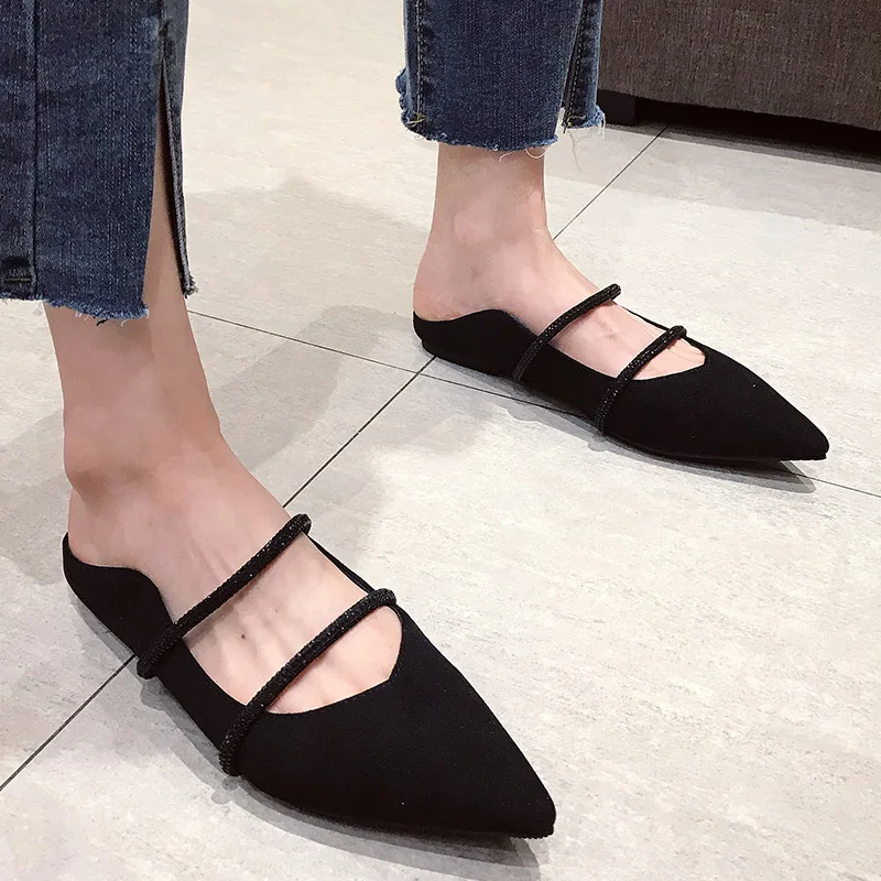 

2019 New Black Elegant Strap Mules Shoes Women Slip On Female Shoe Casual Summer Slippers Women Slides Low Heel chaussures femme