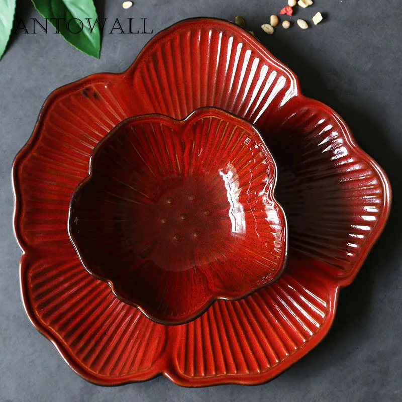 ANTOWALL в форме Красного цветка тарелка Салатница фрукты 11 дюймов Большая тарелка домашнее украшение блюда набор блюда для бифштекса тарелка