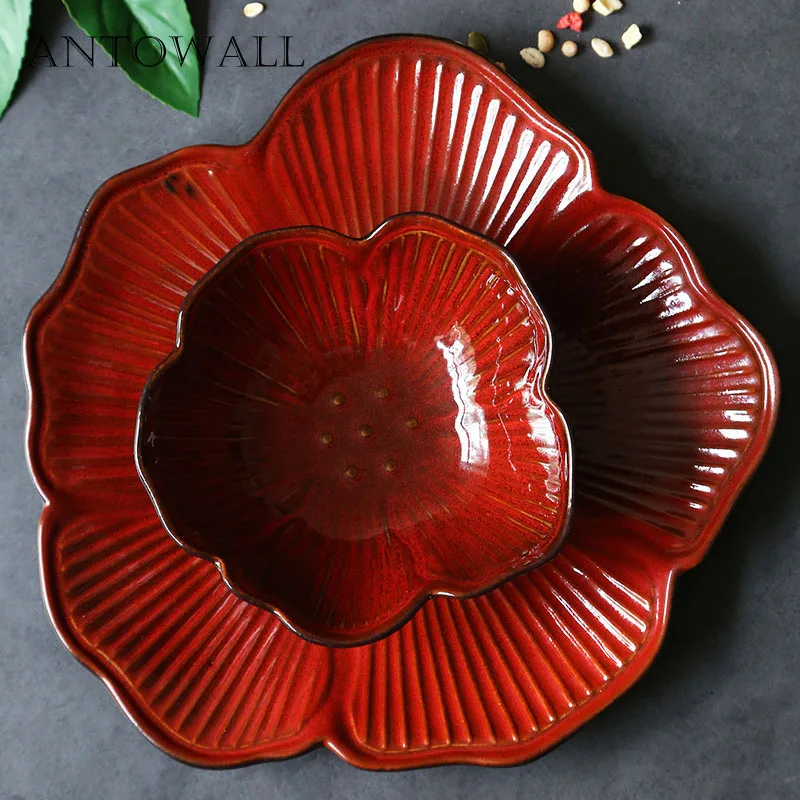 

ANTOWALL Red Flower Shape Plate Salad Bowl Fruit 11inch Big Plate Home Dish Decoration Set Dish Steak Plate