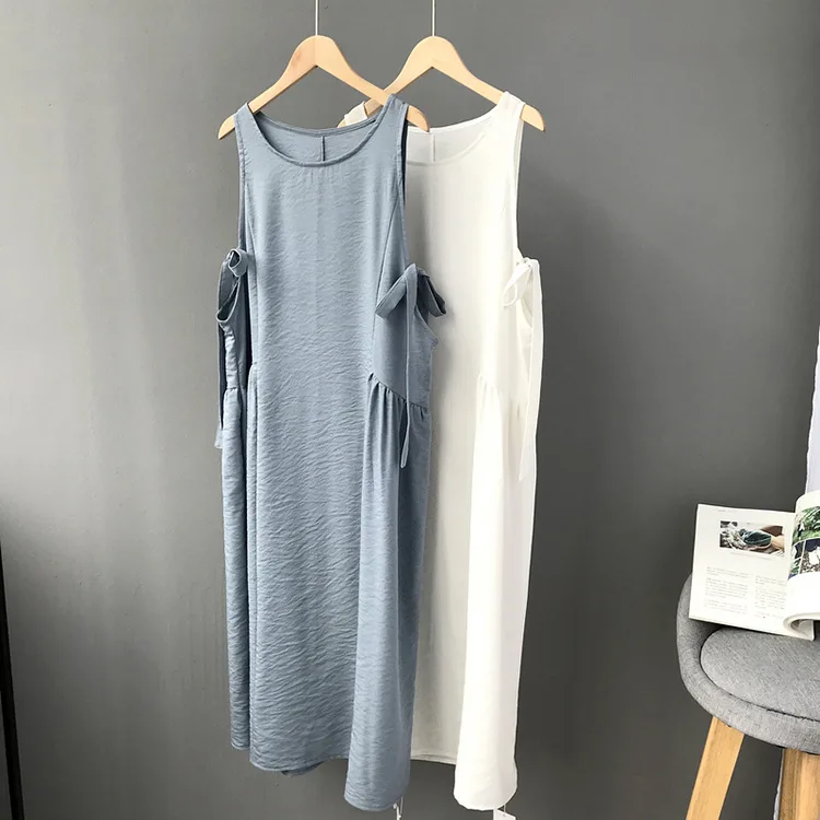 

Light Blue Linen Tank Dress Summer Women Long Sleeveless Casual Dresses Mid Calf Length White Holiday One Piece Dresses