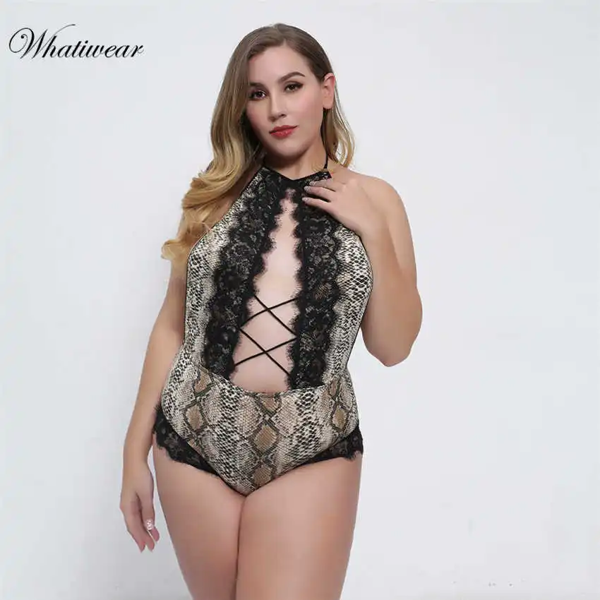 Hollow Out Romper Women Top Sexy Transparent One Piece Lace Plus Size Bodysuit Femme Overall Body Modis Playsuit Jumpsuit - Цвет: Khaki