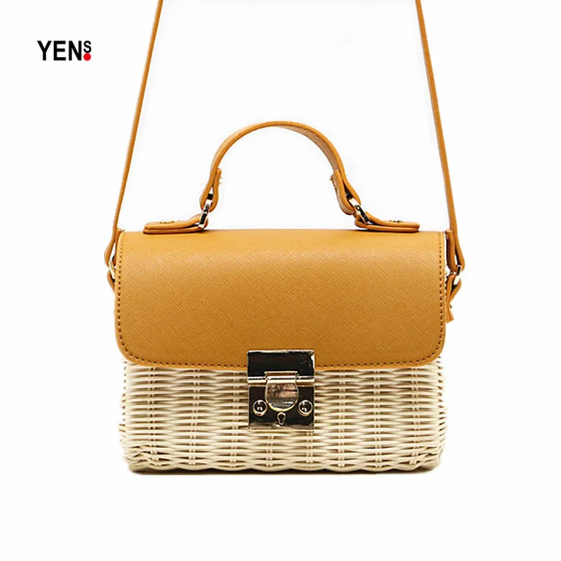 

Leather Cover Straw Bag Designer Women Natural Vintage Summer Beach Bags Woven Small Crossbody Bag Knitting Bags Boho Handbag