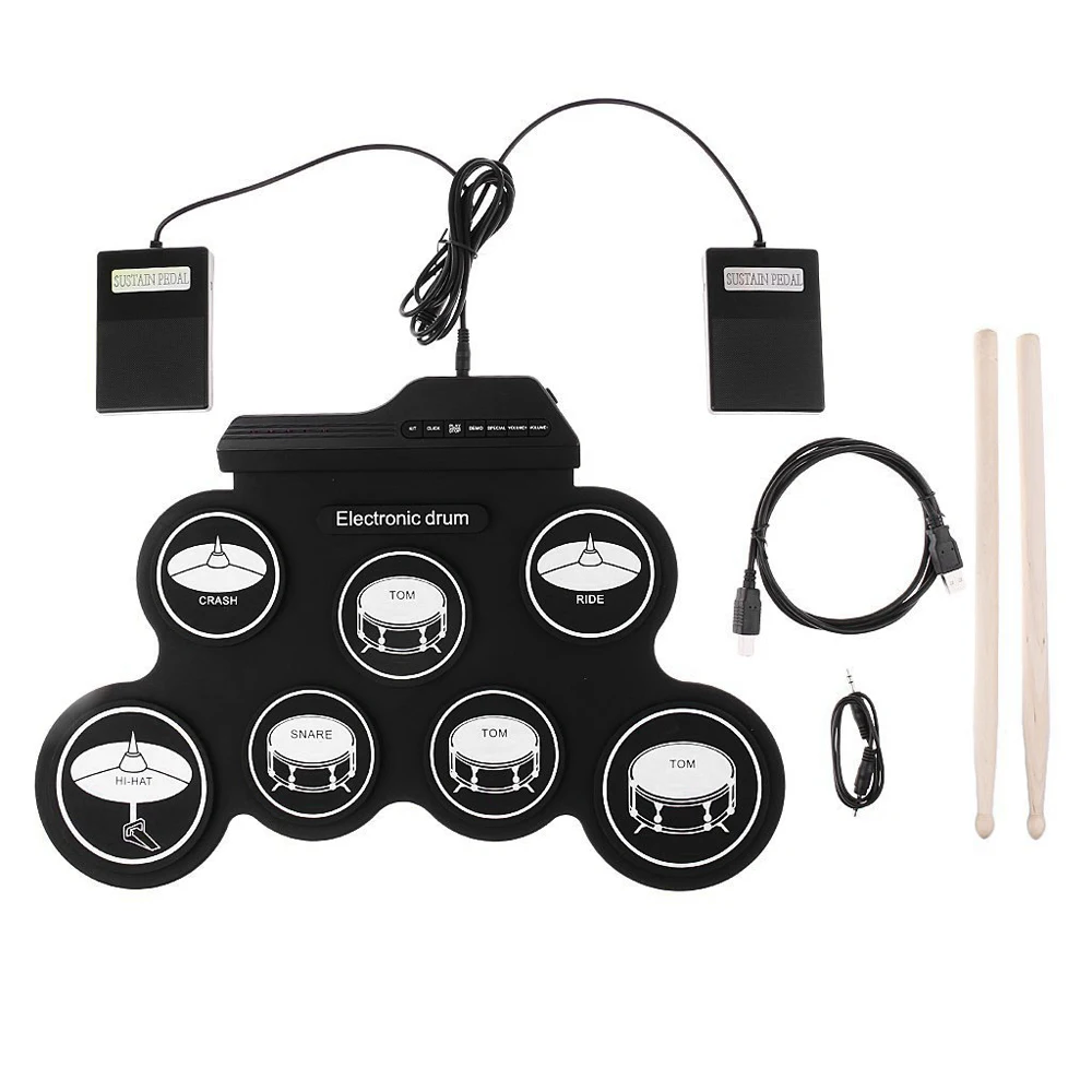 Портативный кремниевый электронный цифровой USB 7 подушечек свернутый набор силиконовый Электрический барабанный комплект с барабанными палочками и поддерживающей педалью