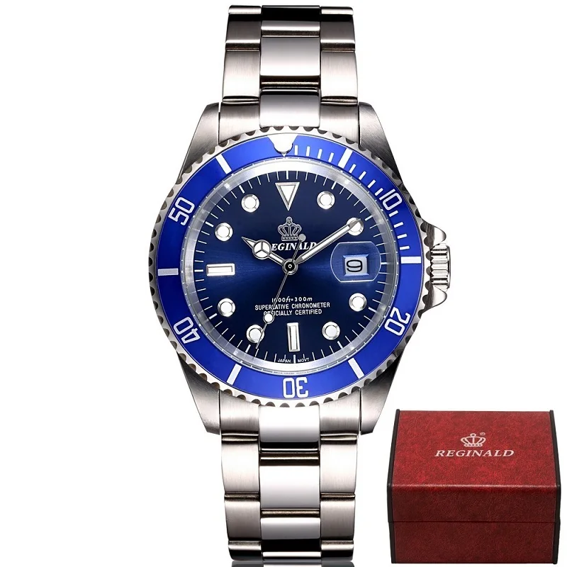 Реджинальд 40 мм Мужские часы GMT сапфировое стекло топ бренд часы дайвер часы Кварцевые relogio masculino роль роскошные часы для мужчин - Цвет: blue and box