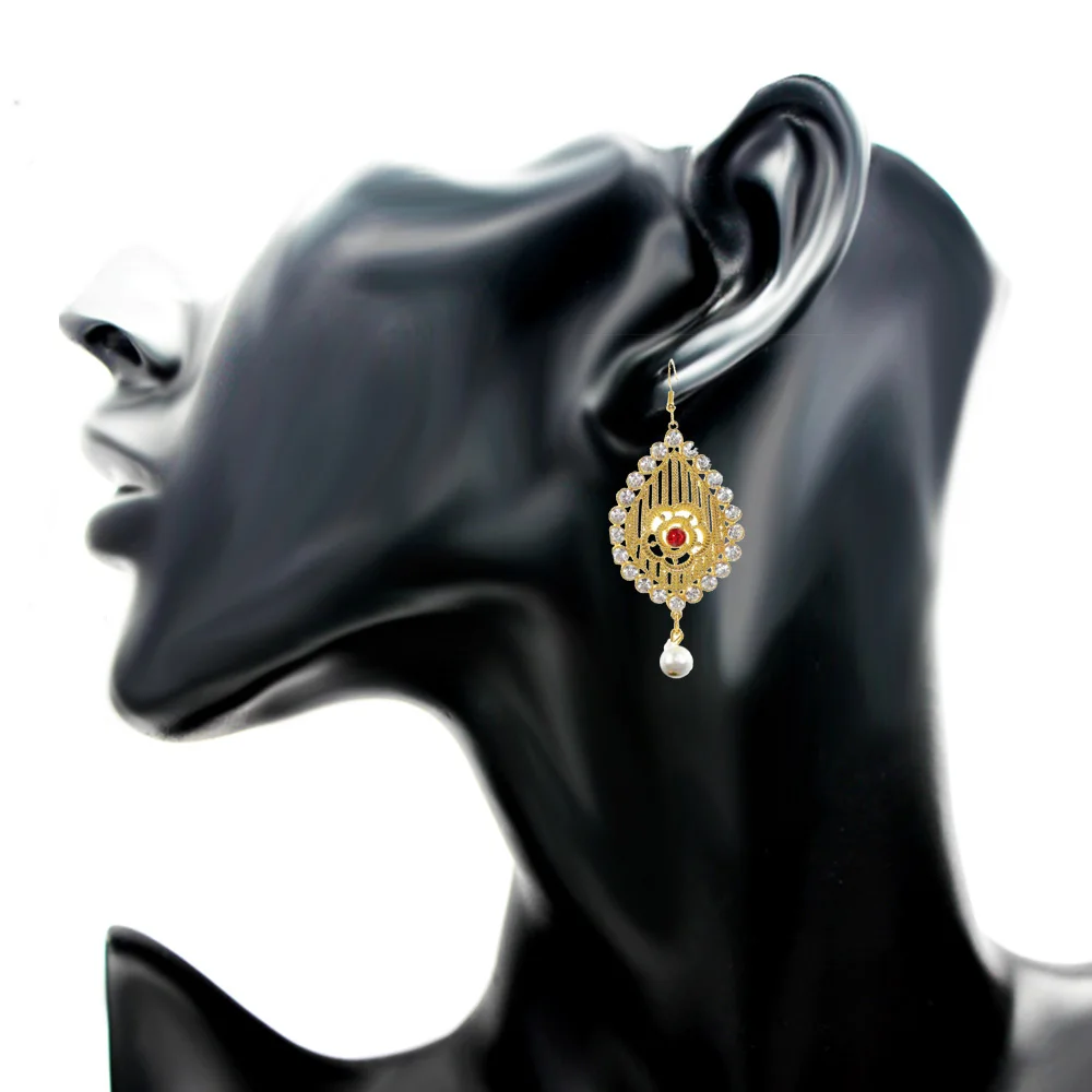 JUST FEEL, Кристальный золотой цвет, большой ювелирный набор, головной убор, ожерелье, серьги, индийский цветок, имитация жемчуга, набор, свадебный для женщин