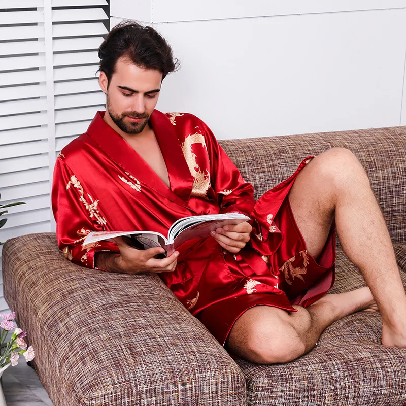 Мужской шелковый халат большого размера 5XL с длинным рукавом банный халат Мужская атласная пижама ночная рубашка с принтом драконов халат