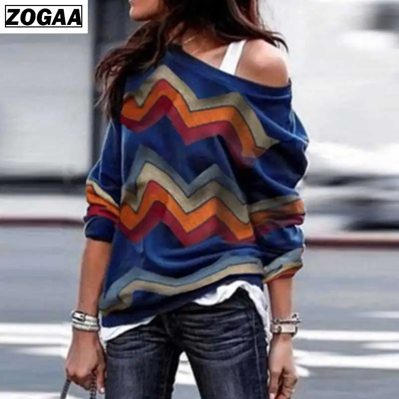 ZOGAA Autumn Winter Strapless Colorful Stripe Tops In Europe and America Long Sleeves Geometry Printing Shirt Women Coats A13 ZOGAA Autumn Winter Strapless Colorful Stripe Tops In Europe and America Long Sleeves Geometry Printing Shirt Women Coats A13