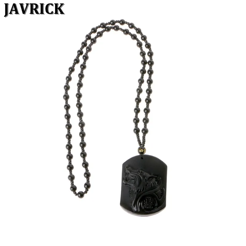JAVRICK Black Obsidian Wolf Necklace Carving Wolf Head Amulet Pendant With Chain Obsidian Blessing Lucky Pendants Jewelry NEW