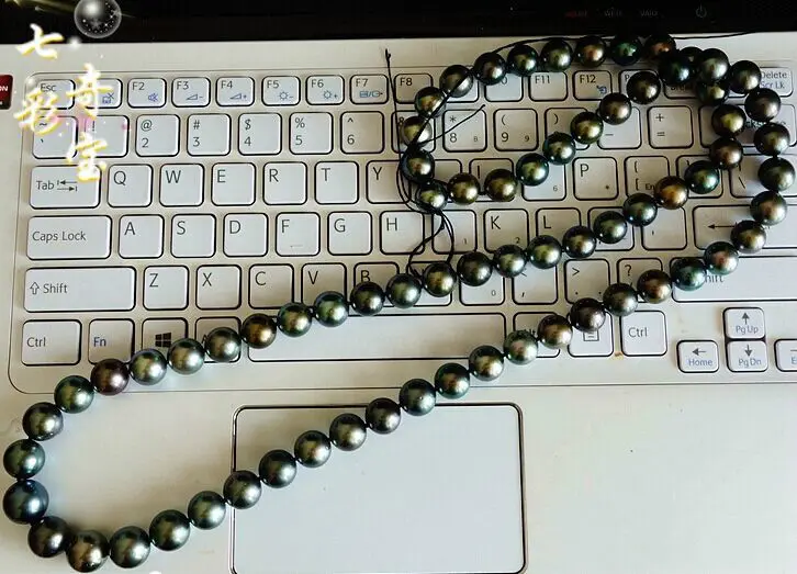 

stunning 10-11mm tahitian round black green pearl necklace 18inch 14KGP
