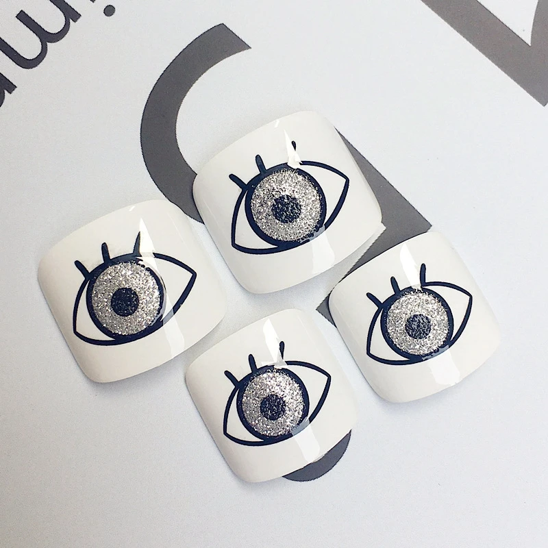 

Short Fake Toenails Big Eye False Toenail Glitter Silver Foot Nail Art Tip For Design Press On Nails T045