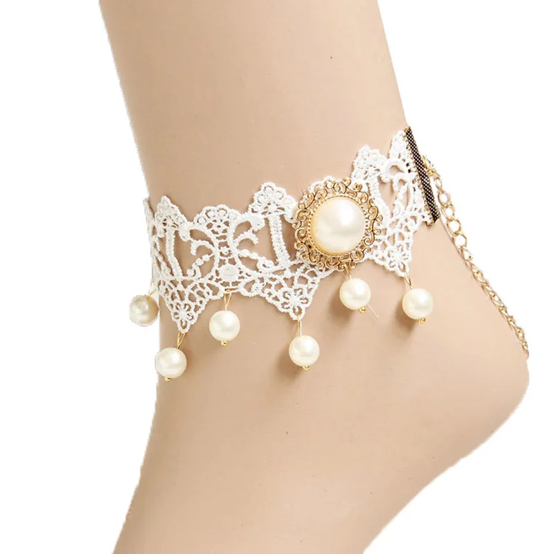 Handmade Womens Gothic Tassel Gold Faux Pearl Drop Floral White Lace Ankle Anklet Metal Bracelet Sandals Barefoot Lolita Bridal | Украшения