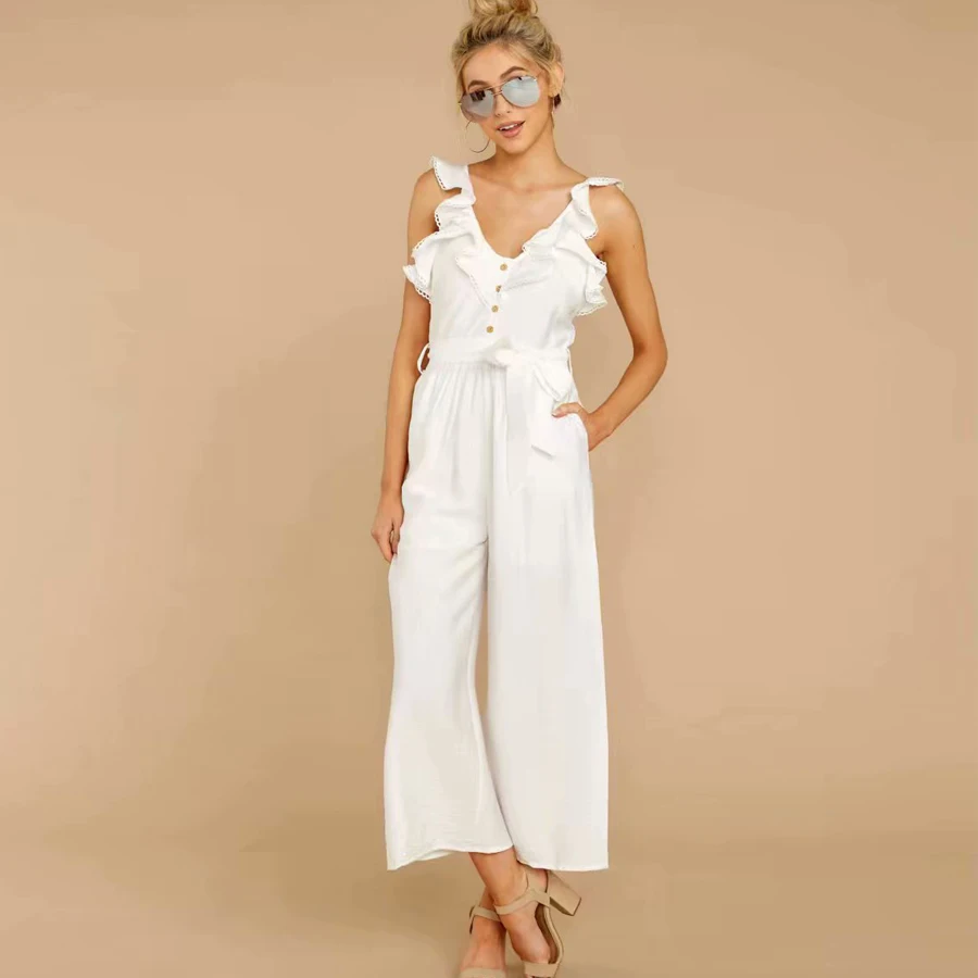 

Jumpsuit Women White Rompers Womens Jumpsuit Sleeveless Spaghetti Strap Lace Up Sashes 2019 Casual Button Front Female Jumpsuits
