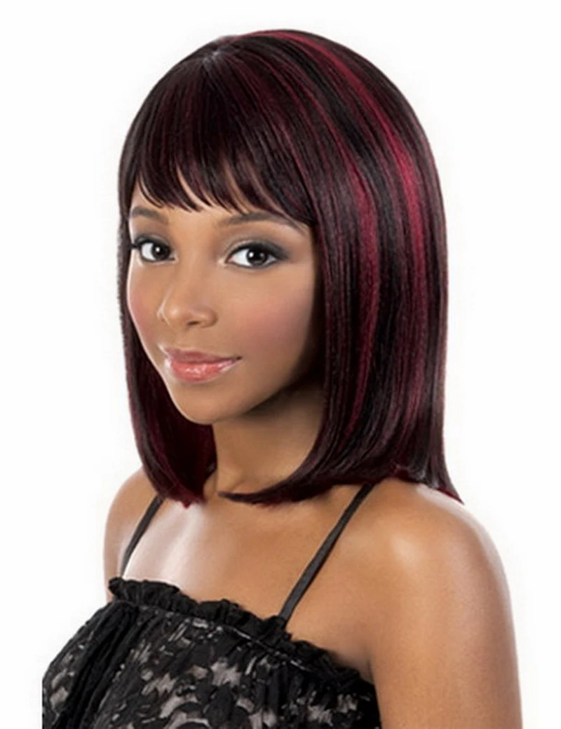 

12inch Heat Resistant Synthetic Medium Bob Wigs For Women Natural Straight Black Red Highlights On Hair Free Shipping