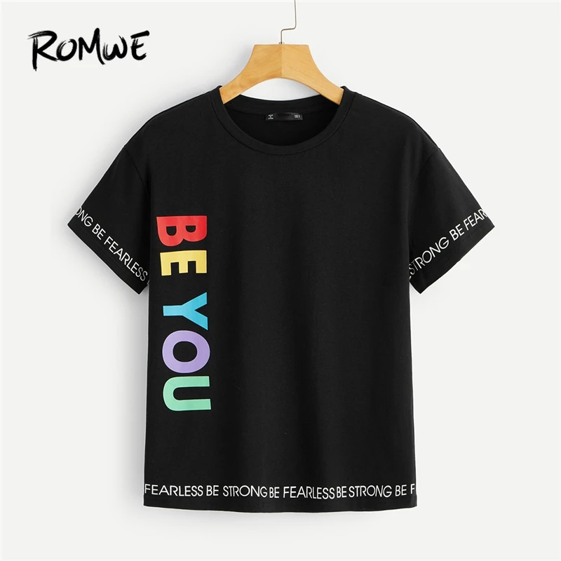 

ROMWE Letter Print Tee 2019 Black Fabulous Summer Streetwear Swish Women T-shirt Posh Style Short Sleeve Chic Female Tops