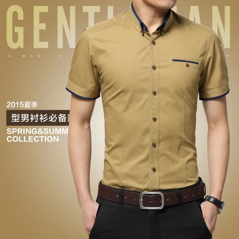 Новое поступление, брендовая мужская летняя деловая рубашка, рубашка с короткими рукавами и отложным воротником, рубашка-смокинг, мужские рубашки больших размеров 5XL - Цвет: Хаки
