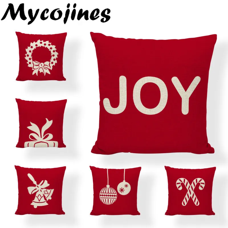 

Christmas Red Picture Pillow Case JOY Gift Box Bell Ball Sock 45*45Cm Square Tree Stars Cushion Cover Home Office Couch Decorate
