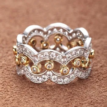 

Women 925 Sterling Silver Cubic Zirconia Yellow Gold filled Crown CZ Wedding Ring Set Vintage Jewelry Engagement Ring Size 5-10
