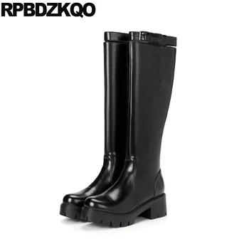 

Equestrian Brand Women Winter Boots Genuine Leather 9 Biker Knee High Platform Chunky Long Luxury Slim Shoes Riding Motorcycle