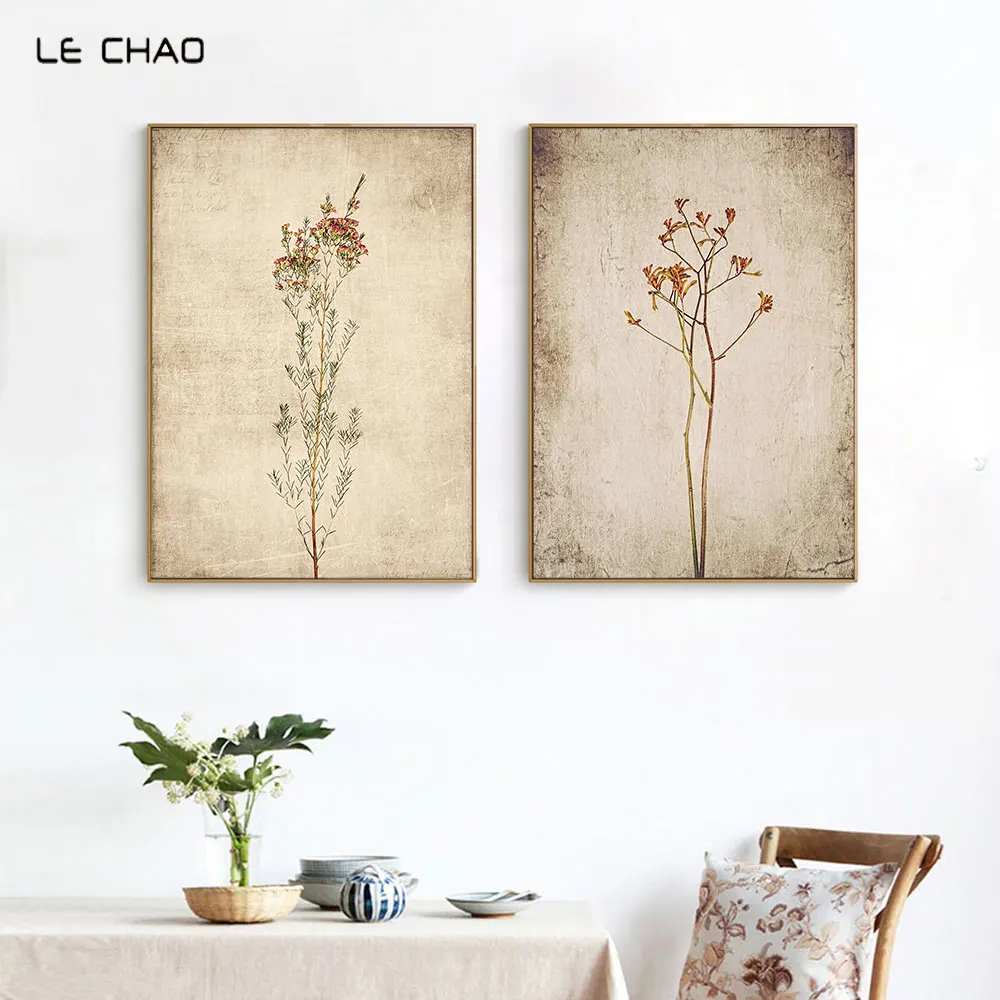 

LECHAO Minimalist Vintage Plants Art Canvas Painting Nordic Botanical Poster and Print Wall Pictures for Living Room Home Decor