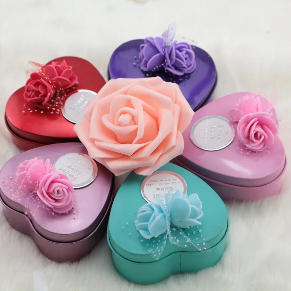 (25 pieces/lot)Korean Creative Decoration Gift Rose Flower Tin Box Heart Shape Candy Boxes for