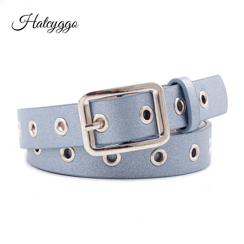 

HATCYGGO 2019 Belt Female Retro Belts For Women Leather Silver Square Buckle/Adjustable Belt Hollow Summer Decoration Waistband