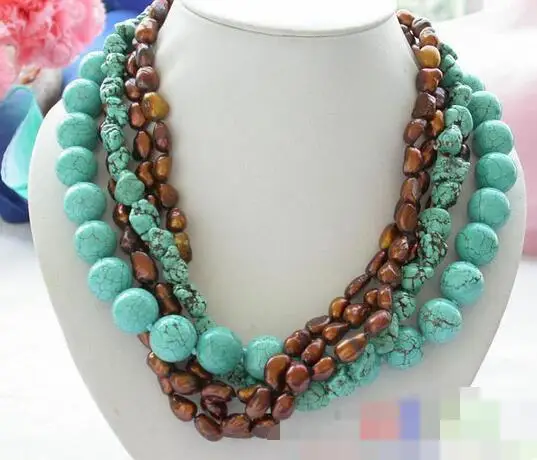 

song voge gem nanJ0627 5row round Turquoise coffee freshwater pearl NECKLACE