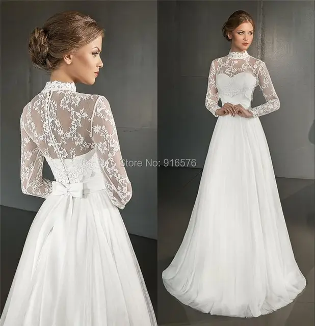griego vestidos de boda 2015 una línea de cuello alto manga larga