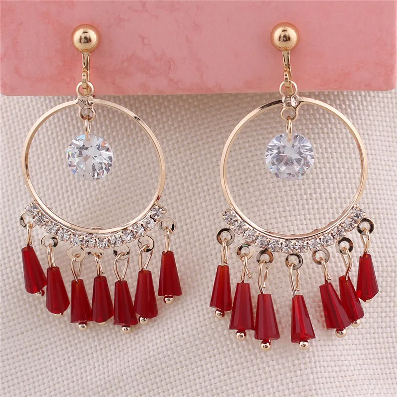 gold red clip on Высококачественные хрустальные круглые, с цирконом, большие серьги-клипсы без необходимости прокола для женщин, вечерние элегантные свадебные серьги - Окраска металла: gold red clip on