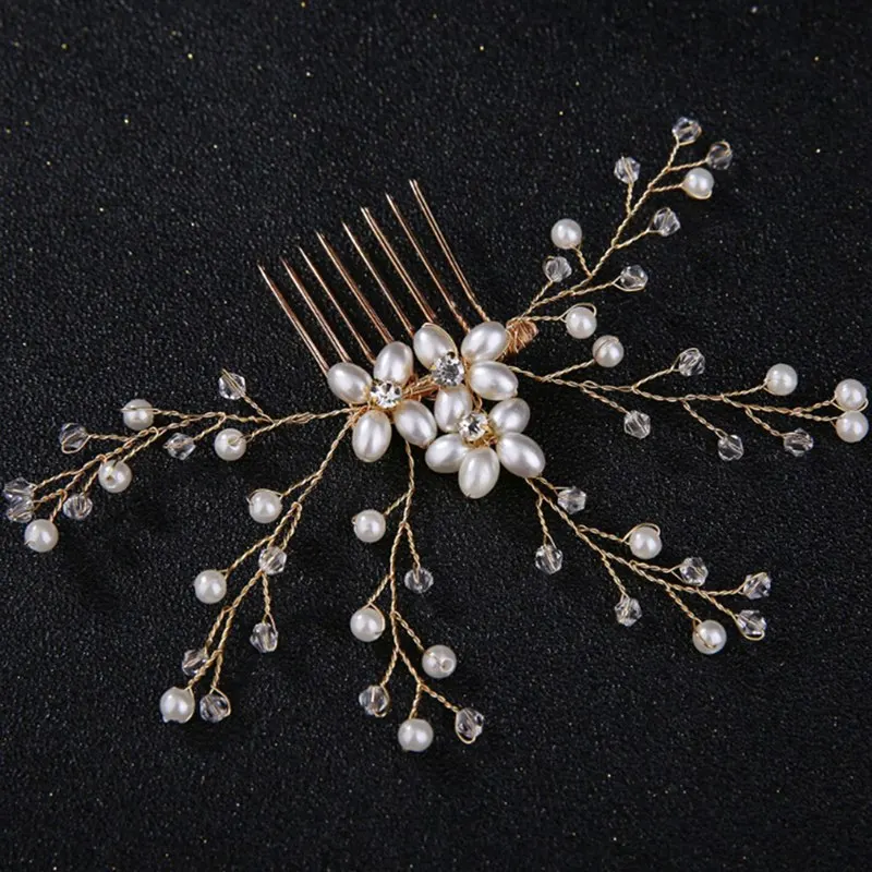 Bride Pearl Flower Hair Comb For Women Hairband Wedding Tiaras Crown Headband Clips 2 Colors Jewelry Hair Accessories Hot